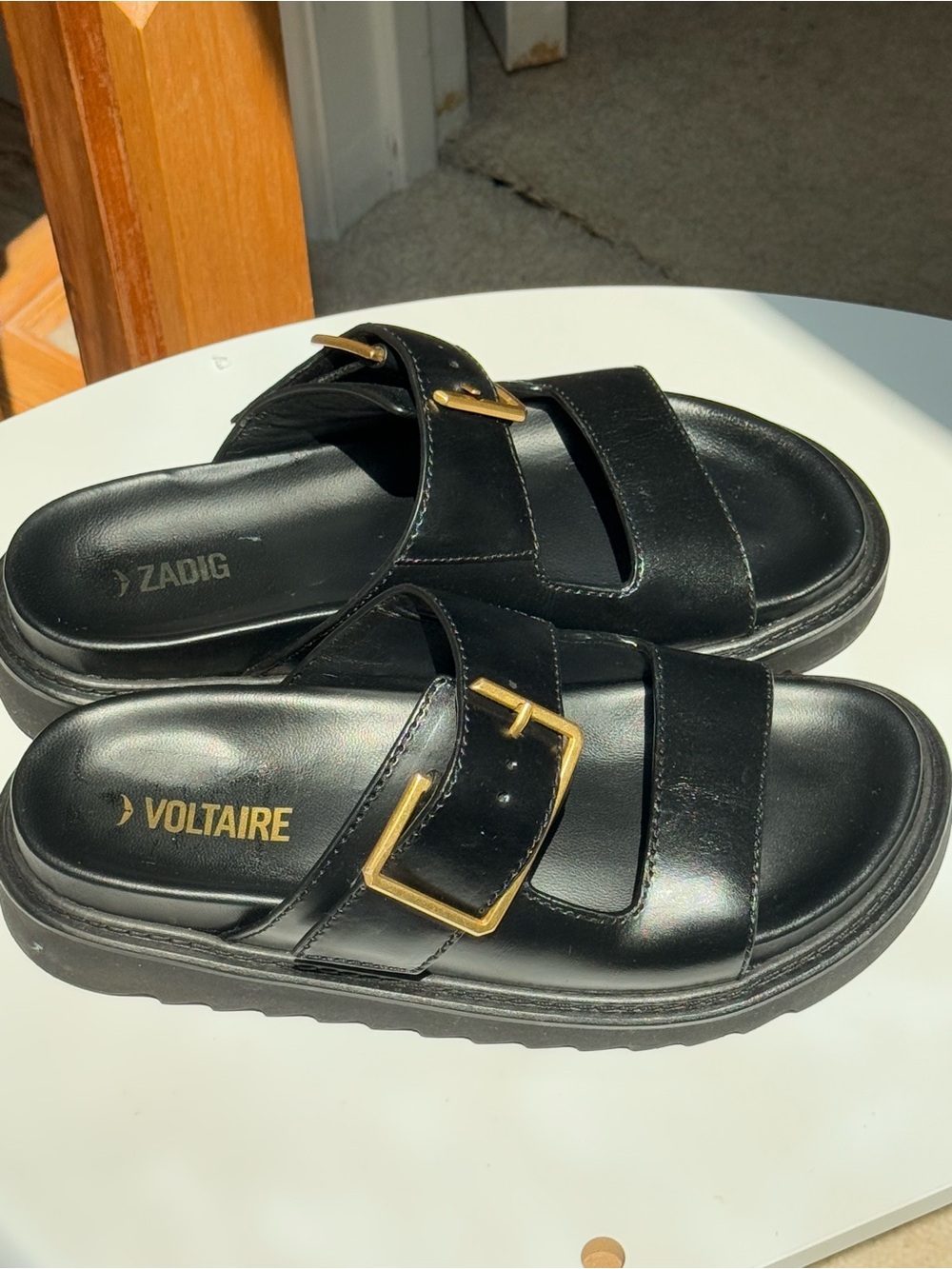 Zadig & Voltaire Black Leather Double-Buckle Slide Sandals size 9 women N41N6